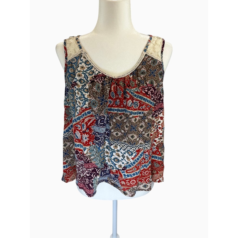 Cozy Casual Large Boho Patchwork Paisley Lace Shoulder Sleeveless Rayon Top